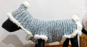 Medium to Large - Hooded, Faux Fur lined Baby Blue/Cream and Silver Sparkle Crochet Dog Sweater - Matching Adult Hat optional