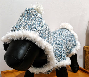 Medium to Large - Hooded, Faux Fur lined Baby Blue/Cream and Silver Sparkle Crochet Dog Sweater - Matching Adult Hat optional
