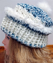 Load image into Gallery viewer, Medium to Large - Hooded, Faux Fur lined Baby Blue/Cream and Silver Sparkle Crochet Dog Sweater - Matching Adult Hat optional
