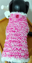 Load image into Gallery viewer, Sparkly  Pink and White Crochet Dog Sweater with Faux Fur lined collar
