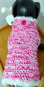 Sparkly  Pink and White Crochet Dog Sweater with Faux Fur lined collar