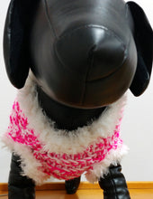 Load image into Gallery viewer, Sparkly  Pink and White Crochet Dog Sweater with Faux Fur lined collar
