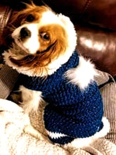 Load image into Gallery viewer, Hooded, Faux Fur lined Midnight Blue/Silver Sparkle Crochet Dog Sweater - Matching Adult Hat optional
