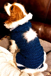 Hooded, Faux Fur lined Midnight Blue/Silver Sparkle Crochet Dog Sweater - Matching Adult Hat optional